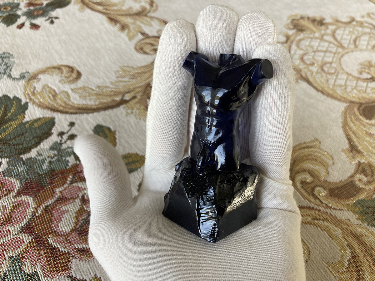 mini male torso sculpture translucent smoky black resin small scale